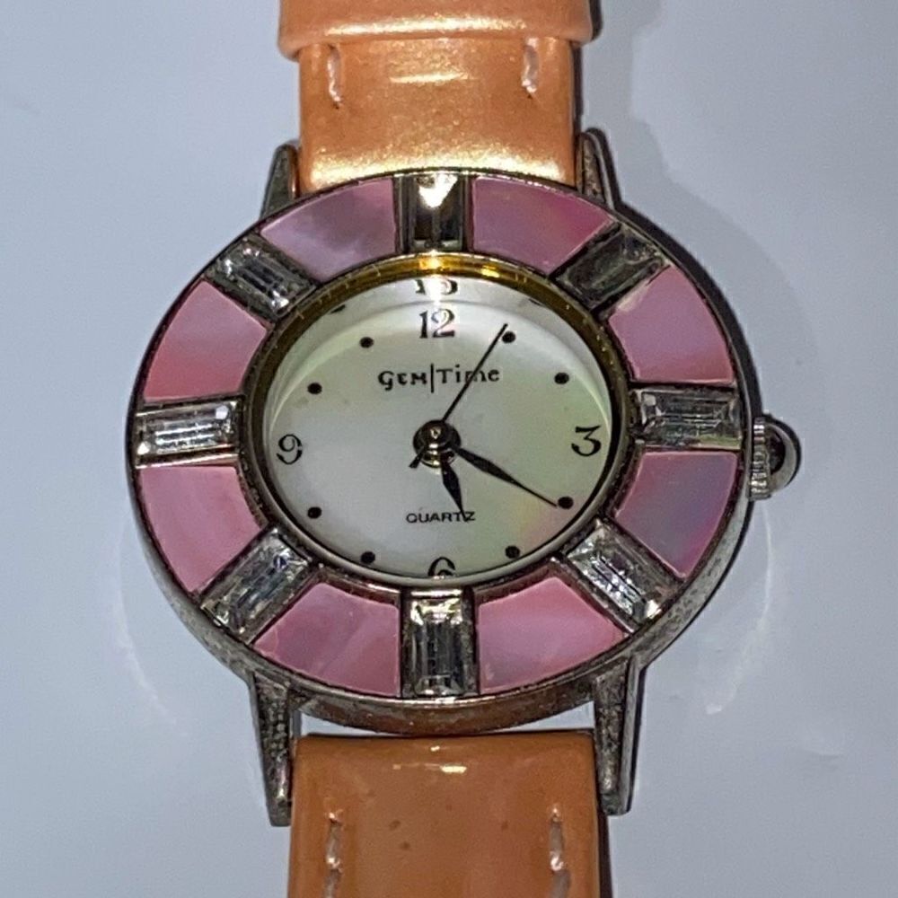 Gem Time Women's Gold Genuine Leather Band Embellished Silver Toned Quartz Watch